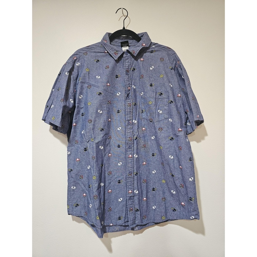 Super Mario Shirt Mens XL Blue Chambray All Over Graphic Button Up Nintendo
